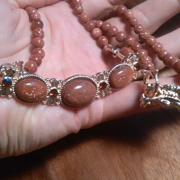 Gold Sandstone and Brown Austrian Crystal Beaded Goldtone Dragon Necklace - Picture 1 of 13